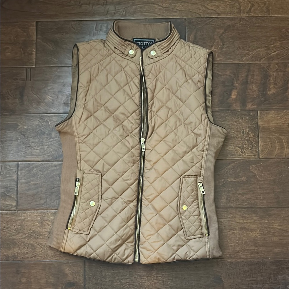 Tan Quilted Vest with Gold Accents